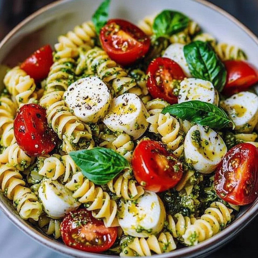 Pesto Caprese Pasta Salad with fresh basil, tomatoes, and mozzarella in a bowl.