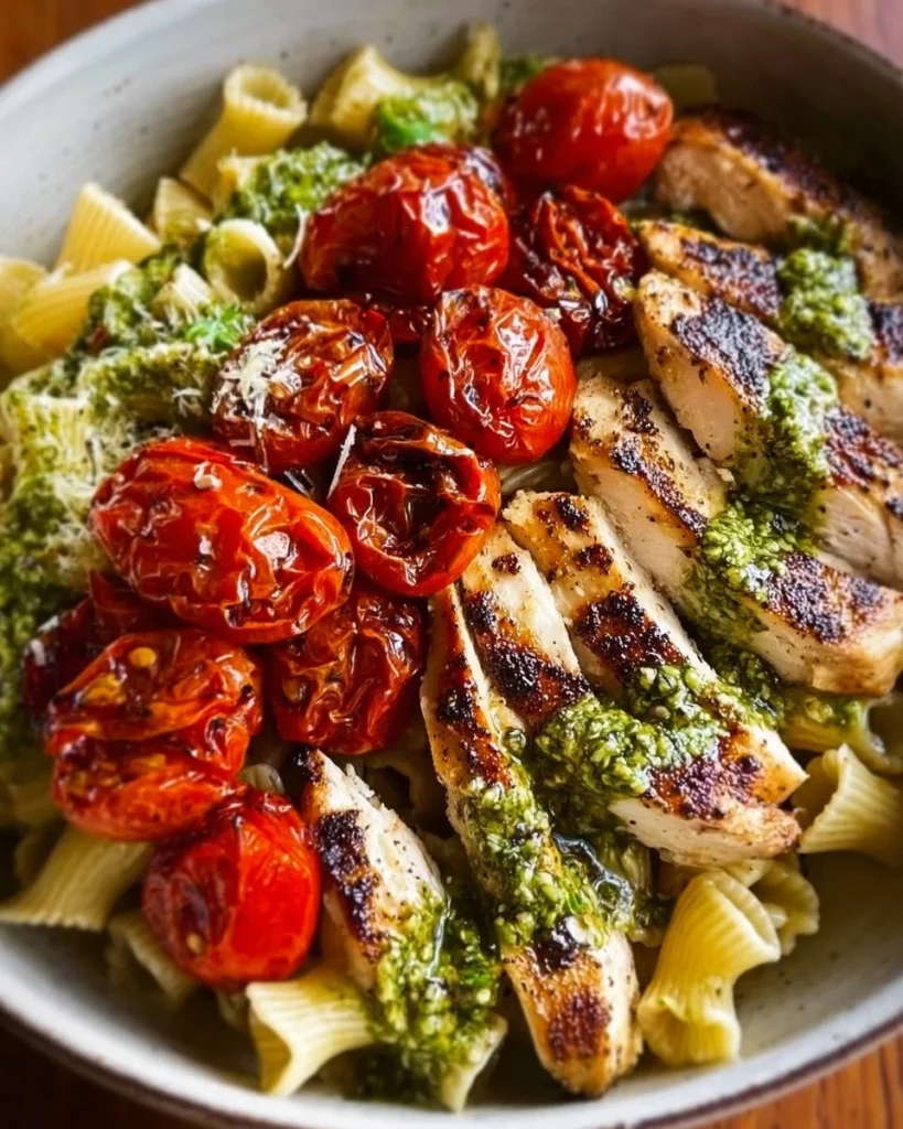 Pesto Chicken Pasta topped with oven-roasted tomatoes and fresh basil