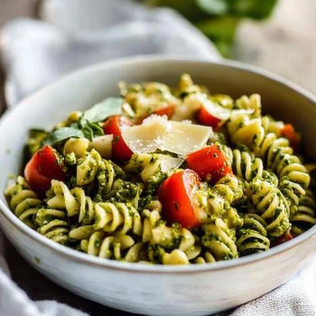 Colorful pesto pasta salad with cherry tomatoes and basil in a serving bowl