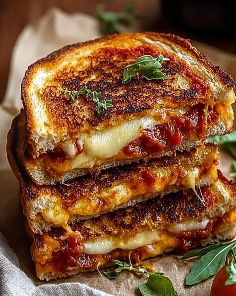 Delicious Pizza Grilled Cheese sandwich with melted cheese and pizza toppings