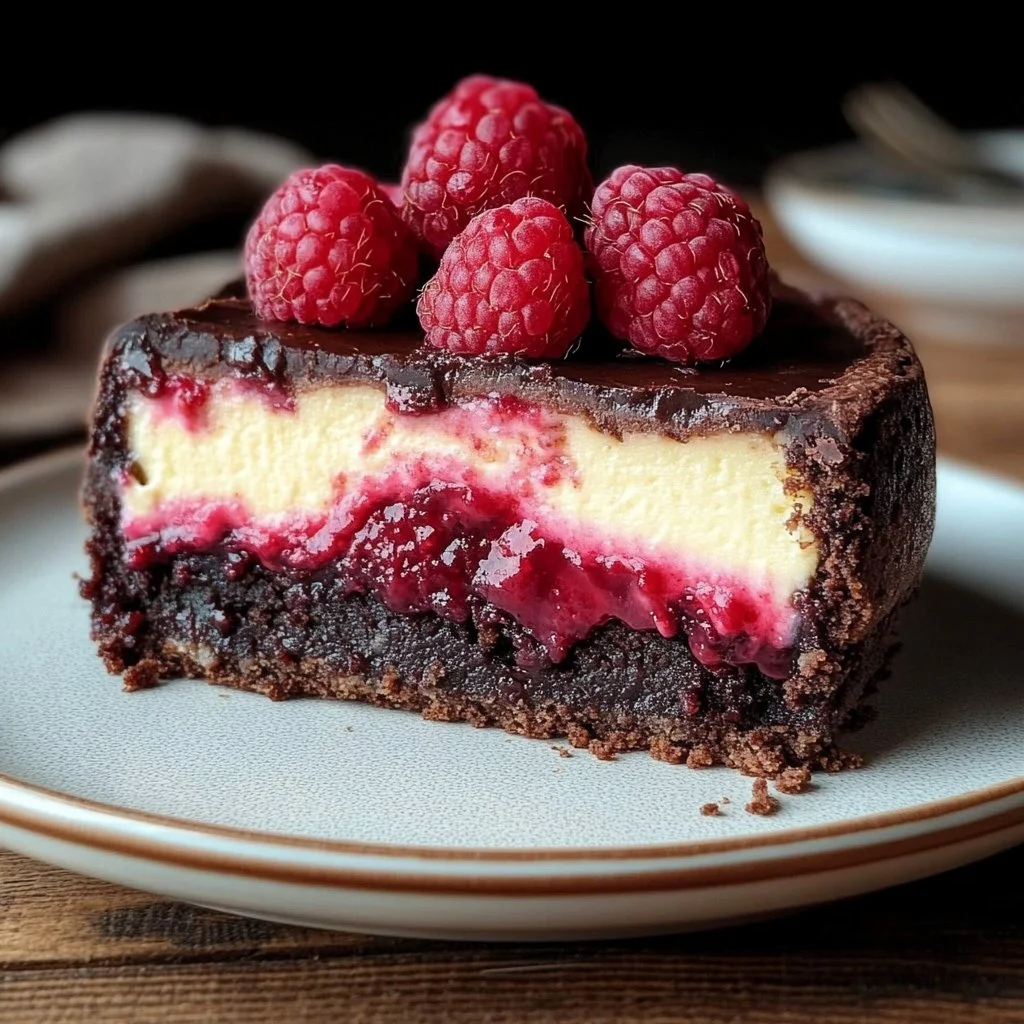 Delicious Raspberry Brownie Cheesecake topped with fresh raspberries