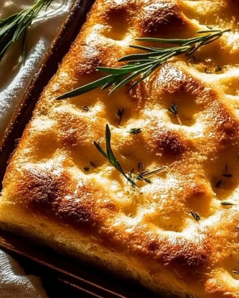 Freshly baked same-day sourdough focaccia bread with herbs and olive oil.