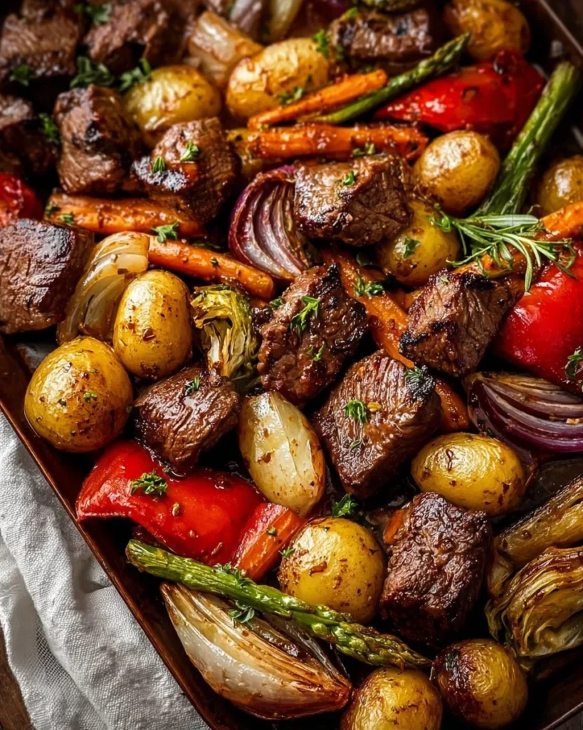 Sheet pan steak tips with colorful roasted vegetables for a tasty meal.