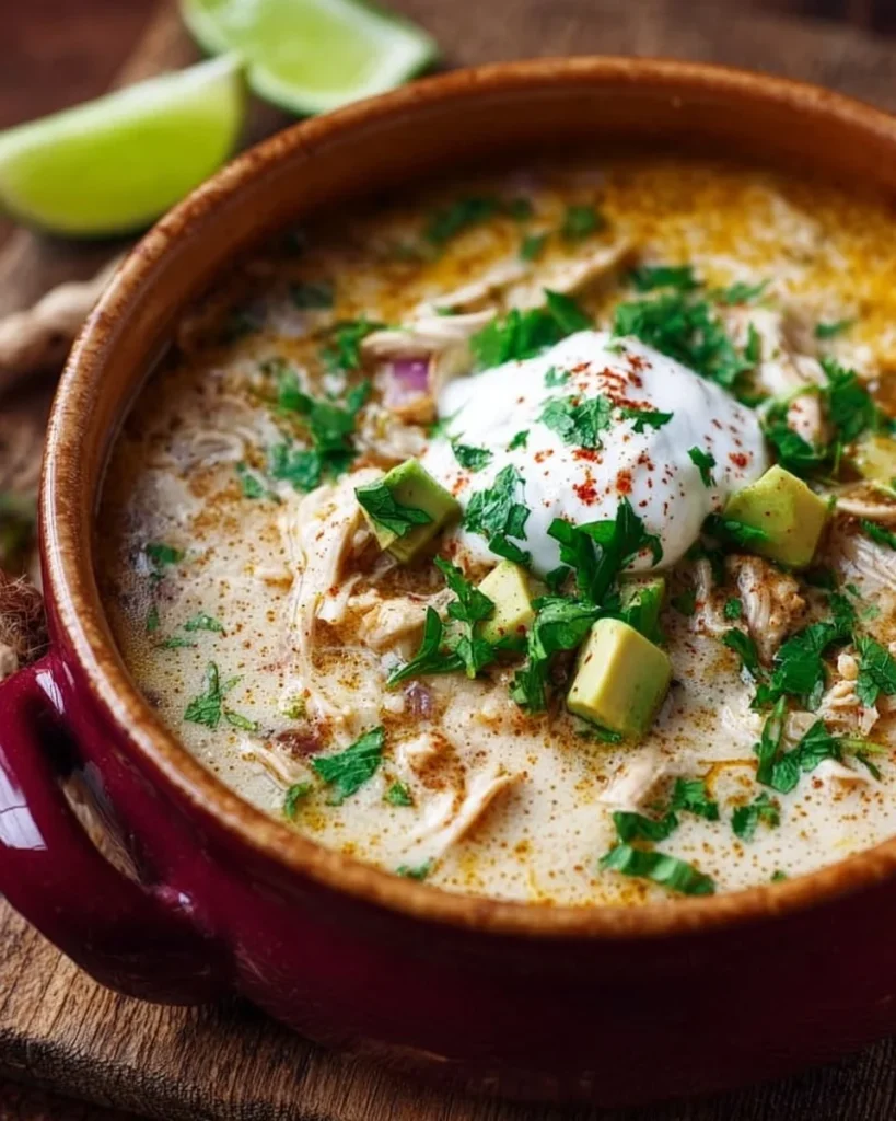 Bowl of simple Keto White Chicken Chili topped with cilantro and cheese