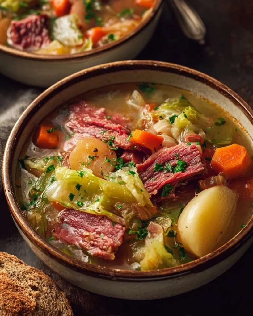 Delicious slow cooker corned beef and cabbage stew in a bowl