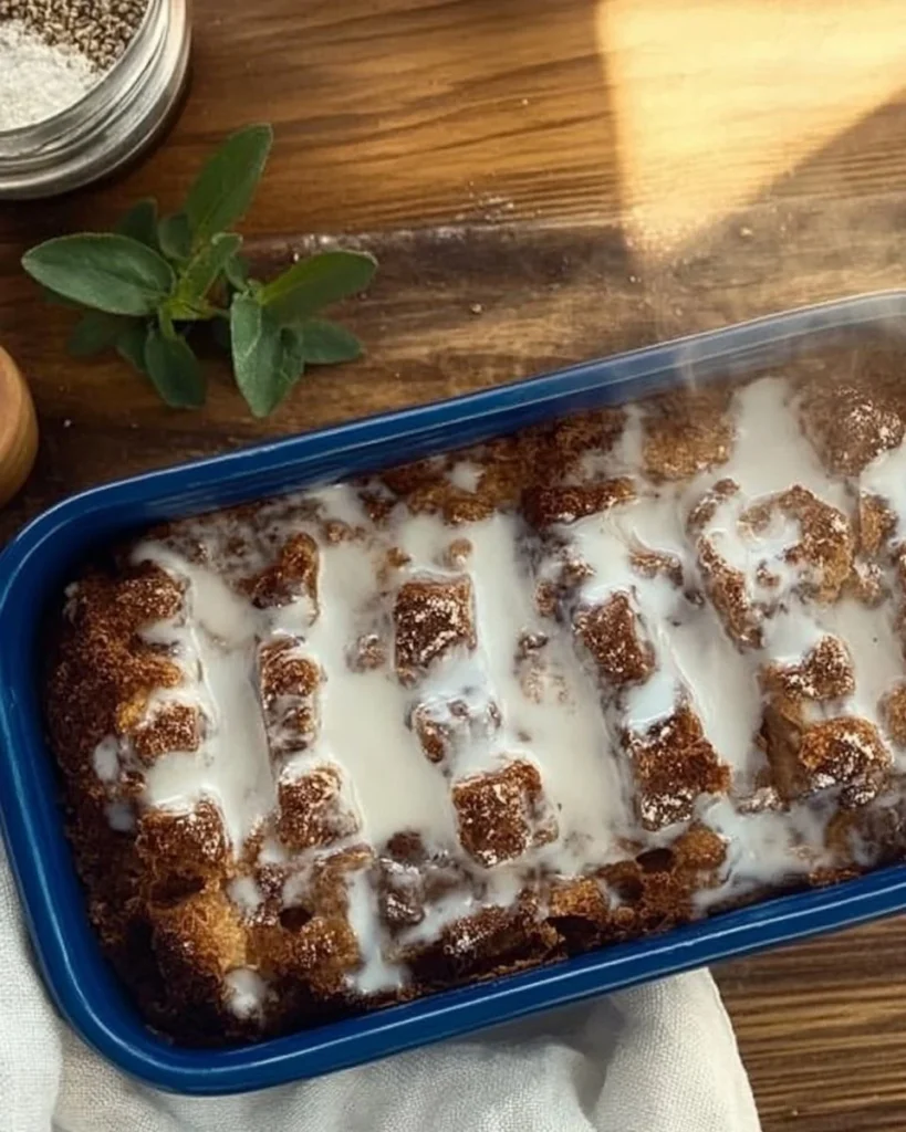 Sourdough discard apple fritter bread with glaze and apple chunks.
