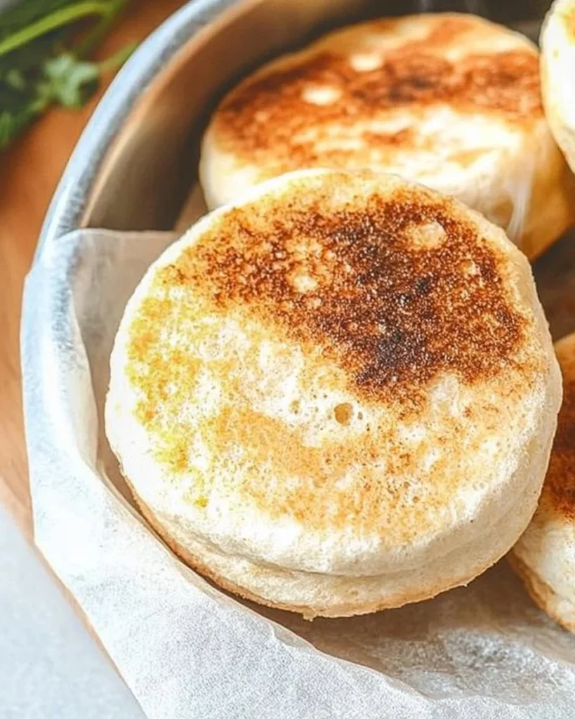 Freshly baked sourdough English muffins on a wooden table