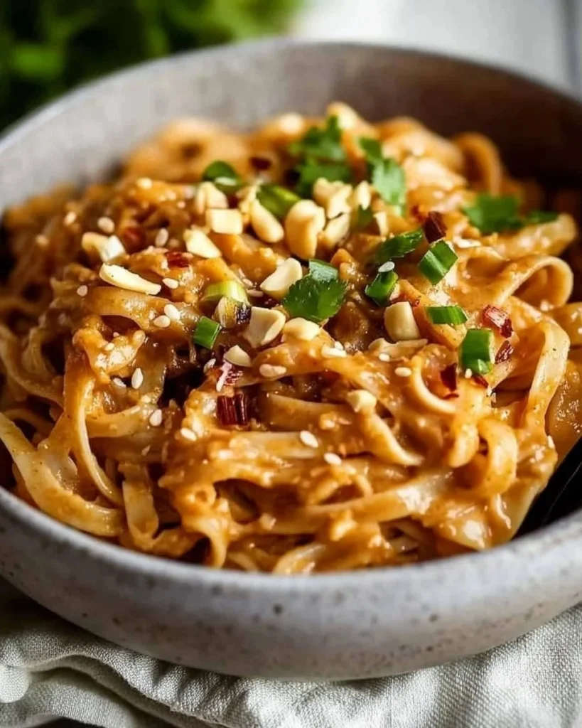 Spicy peanut butter noodles garnished with fresh herbs and chili flakes