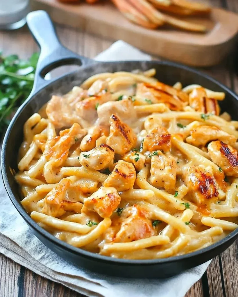 Plate of Sriracha Chicken Alfredo garnished with parsley