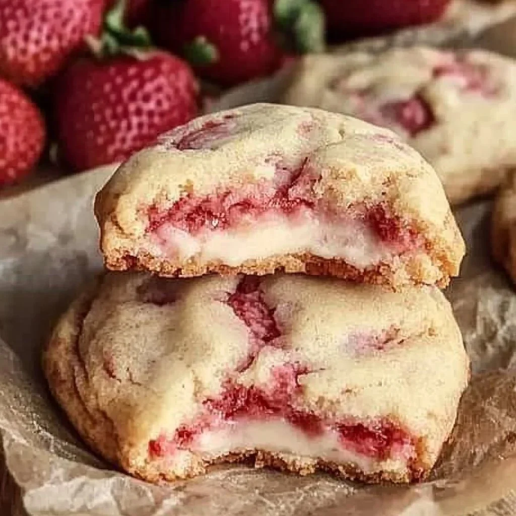 Strawberry Cheesecake Cookies on a plate, showcasing their vibrant color and texture