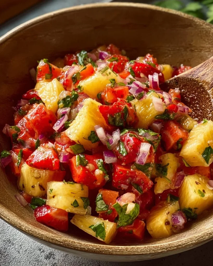 Delicious strawberry pineapple salsa served in a bowl