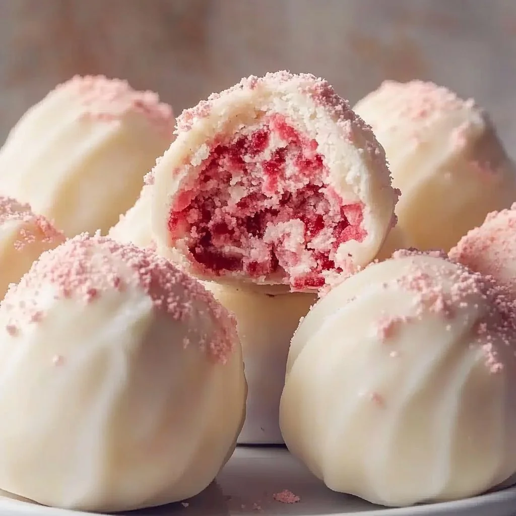 Strawberry Shortcake Truffles elegantly displayed on a white plate