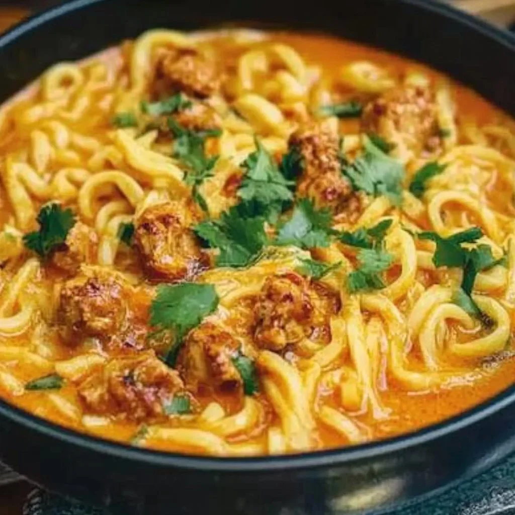 Delicious bowl of Thai Coconut Red Curry Chicken Udon garnished with fresh herbs.