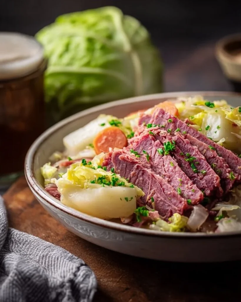 Traditional canned corned beef and cabbage dish served on a plate