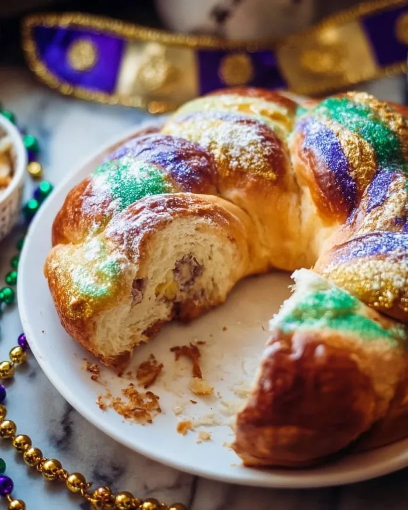 Traditional King Cake decorated with colorful icing and a hidden baby figurine.