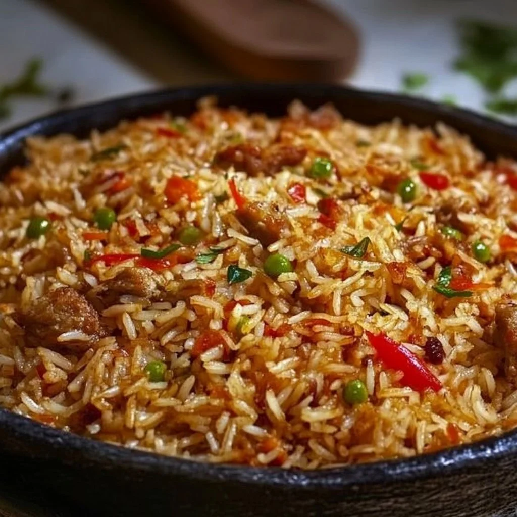 Bowl of Turkey Combo Rice with fresh vegetables and herbs