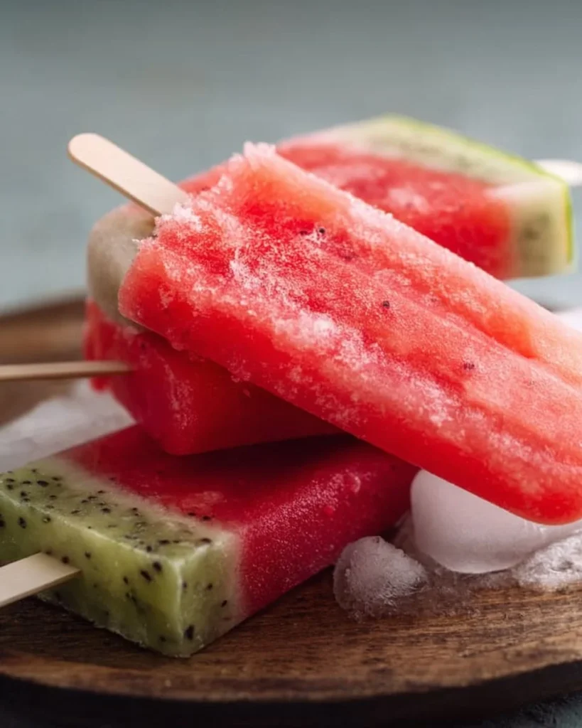 Homemade watermelon popsicles on a wooden table