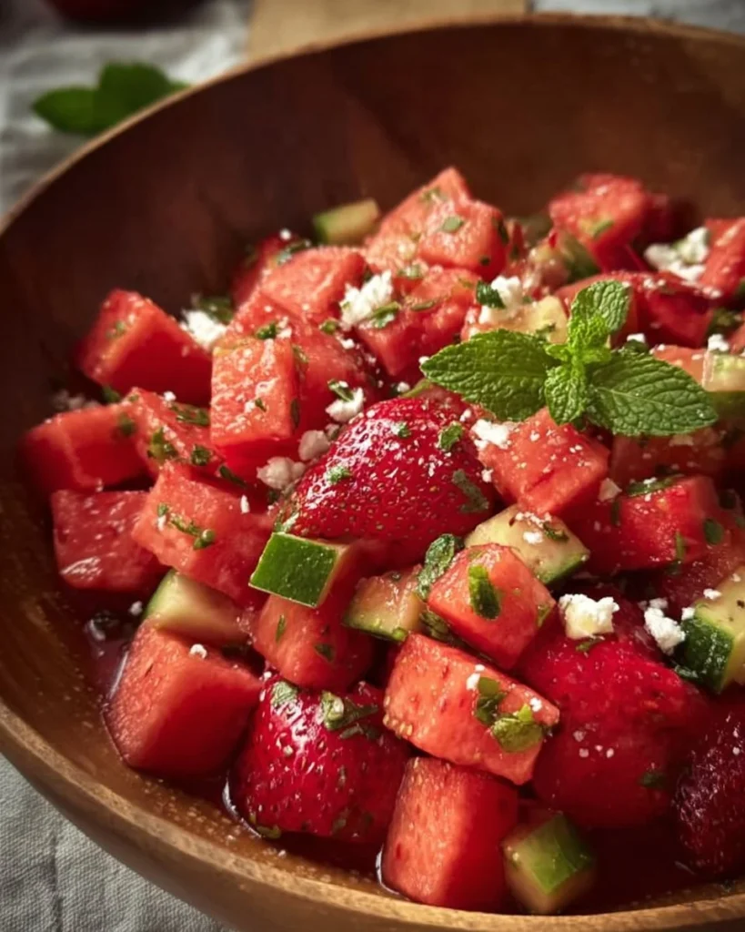 Delicious Watermelon Strawberry Salad with fresh fruit and mint garnish