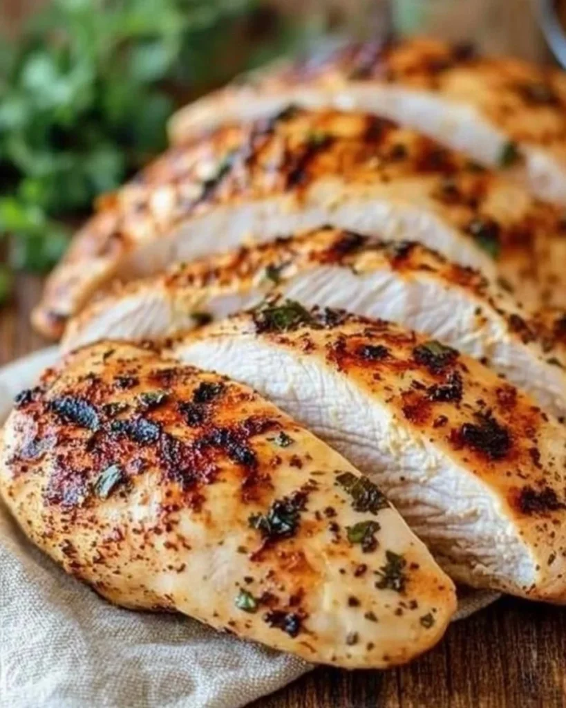 Delicious air fryer grilled chicken served on a plate with herbs