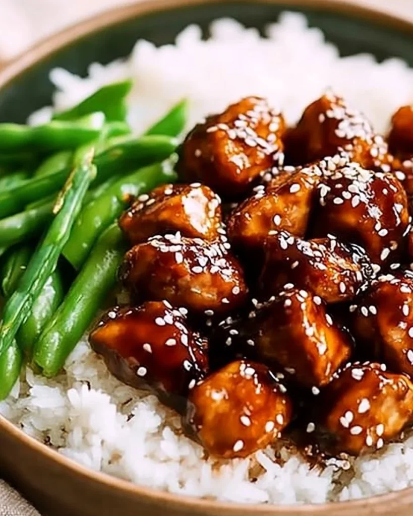 Plate of Asian high protein sesame chicken garnished with sesame seeds and green onions.
