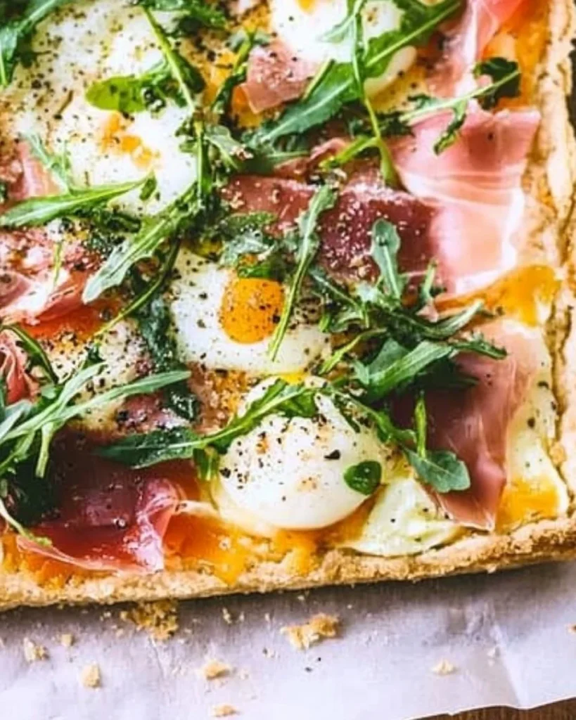 Baked prosciutto and egg breakfast tart served on a plate.