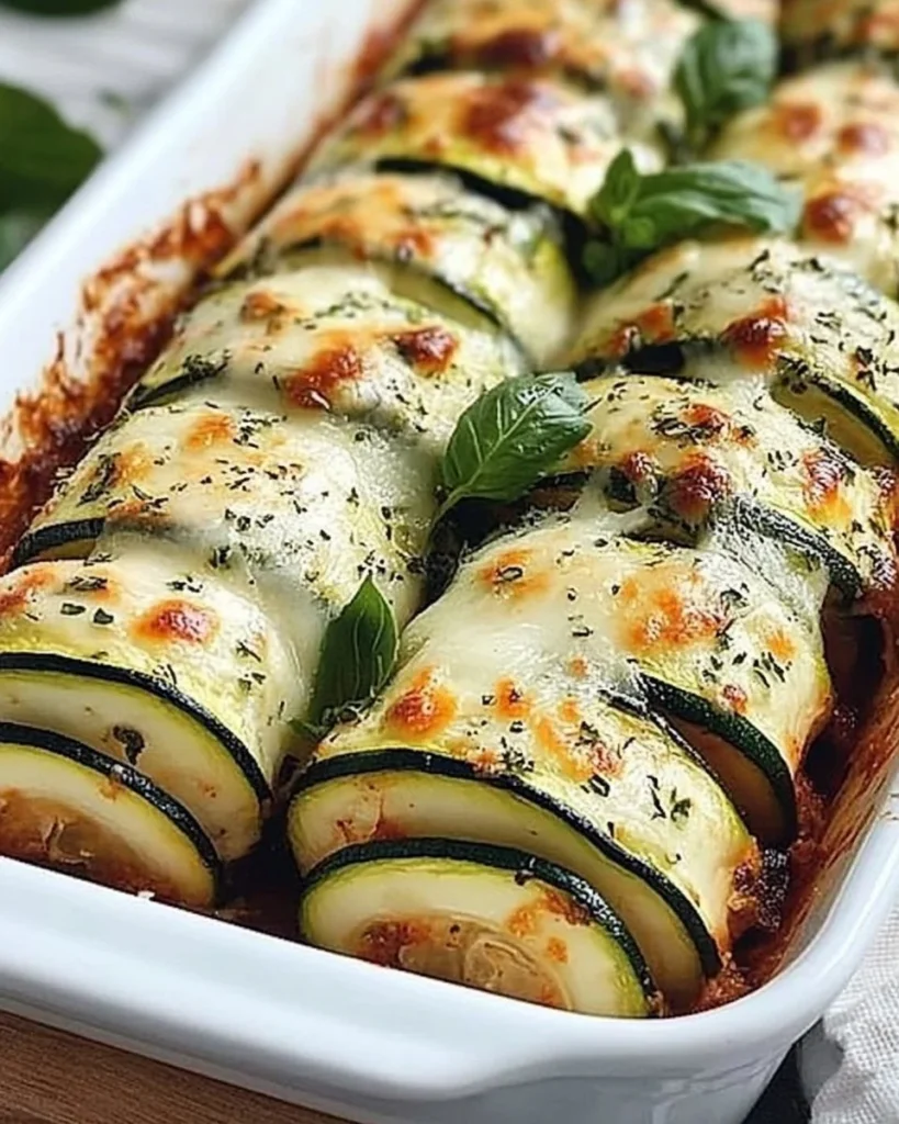 Baked zucchini roll ups filled with cheese and spices, fresh out of the oven.