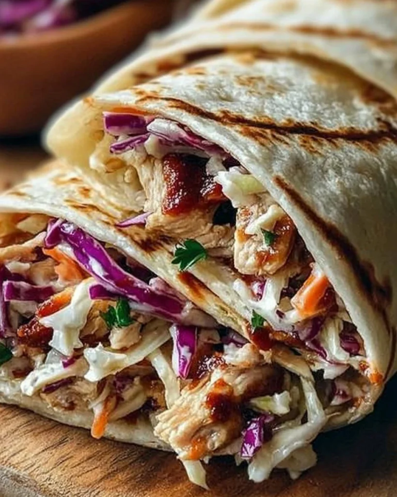 BBQ Chicken Coleslaw Wraps with fresh ingredients on a plate