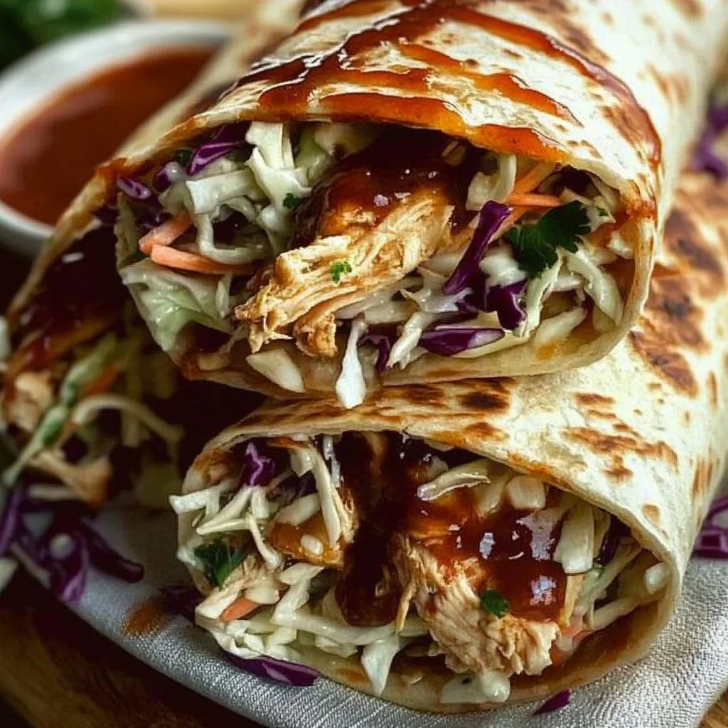 BBQ chicken wraps with coleslaw served on a plate for a quick lunch idea