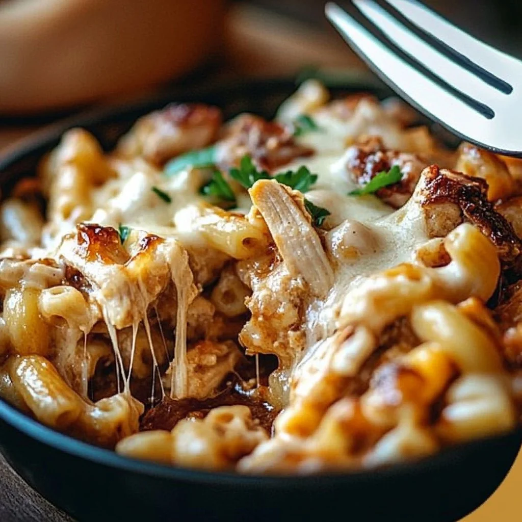 BBQ Chicken Mac and Cheese dish topped with barbecue sauce and cheese