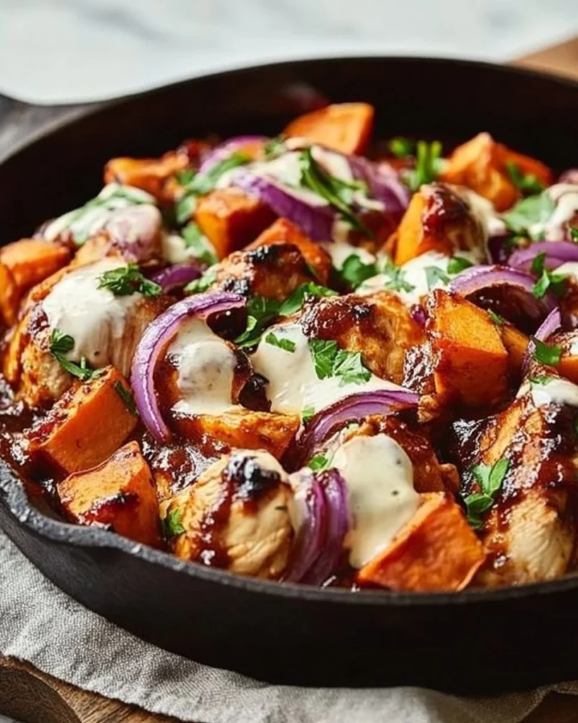 BBQ chicken and sweet potato skillet dish with vibrant colors and hearty ingredients