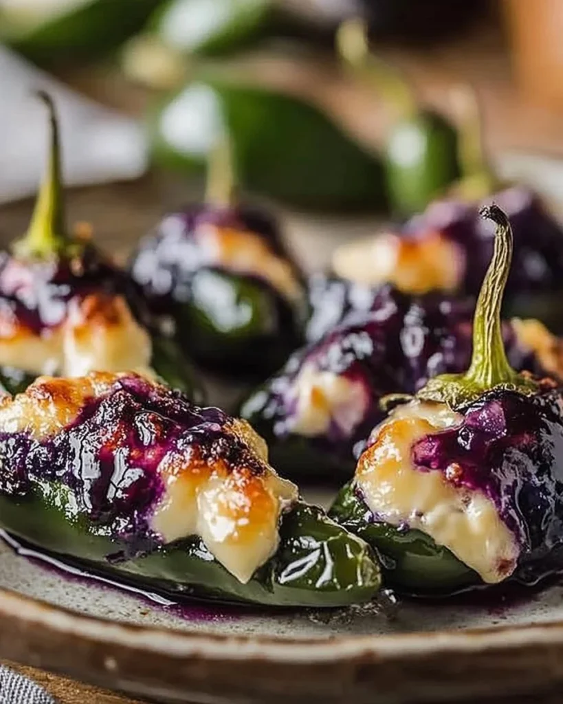 Blueberry brie jalapeño poppers topped with cheese and jalapeños