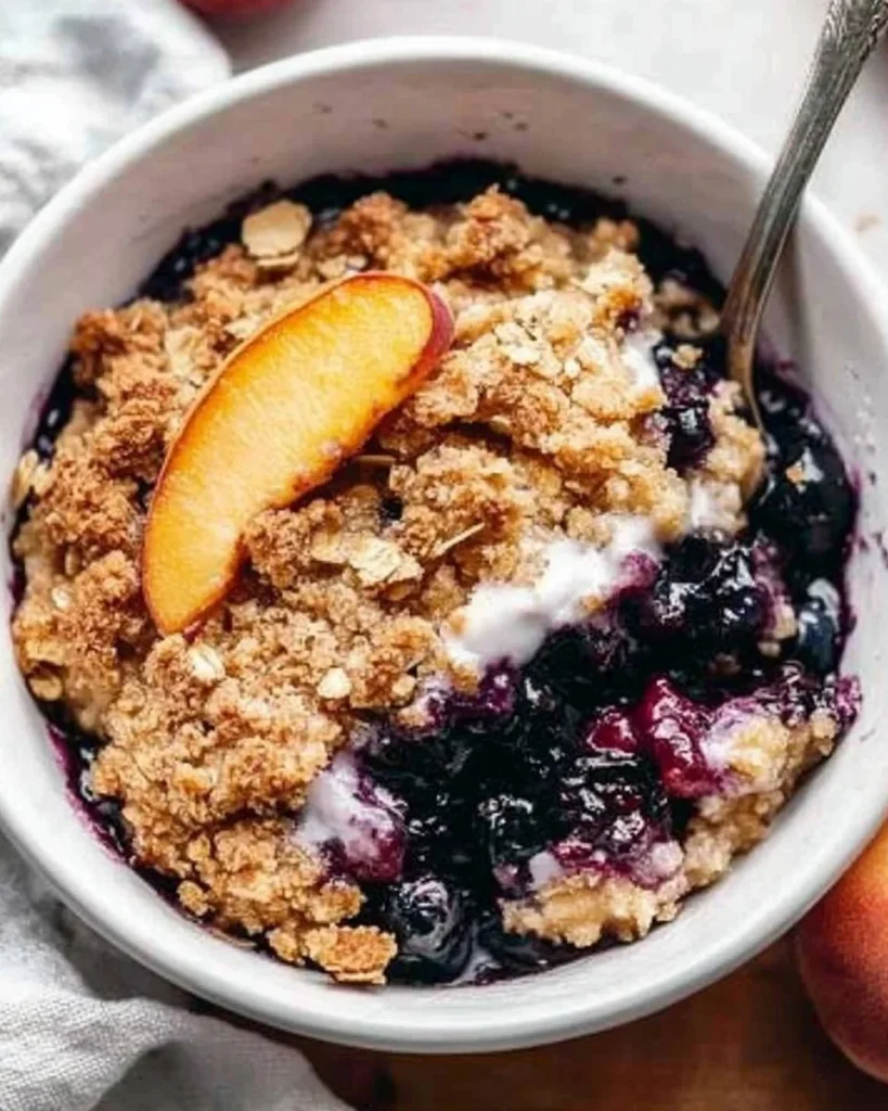 Delicious blueberry peach crumble dessert topped with golden crumble layer