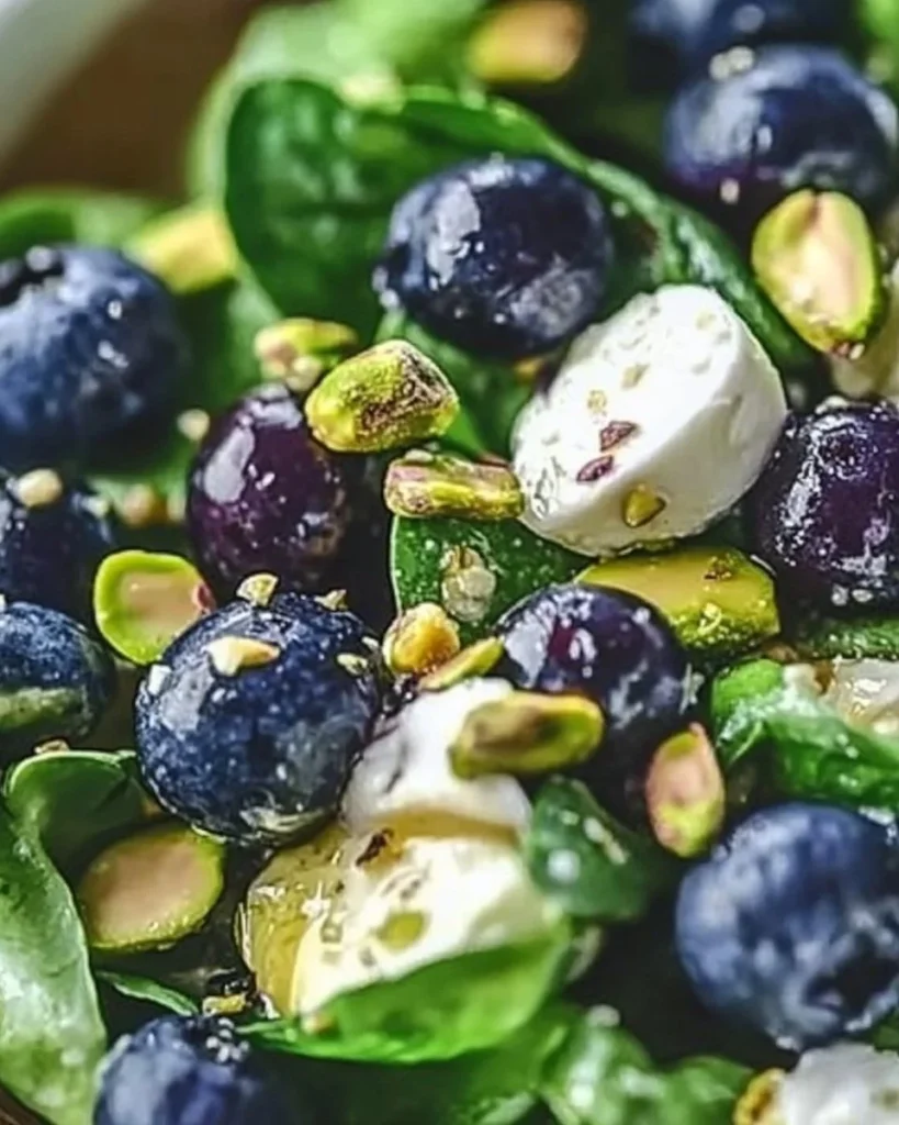 Blueberry Pistachio Spring Salad with colorful ingredients in a bowl.