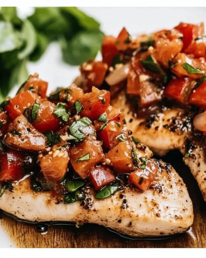 Delicious Bruschetta Chicken topped with fresh tomatoes and basil