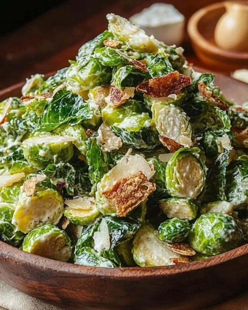 Brussels Sprouts Caesar Salad with creamy dressing and croutons