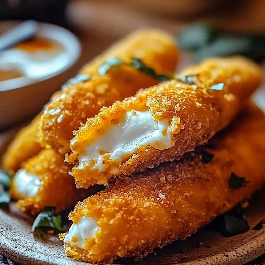 Buffalo Chicken Mozzarella Sticks served on a plate with dipping sauce.