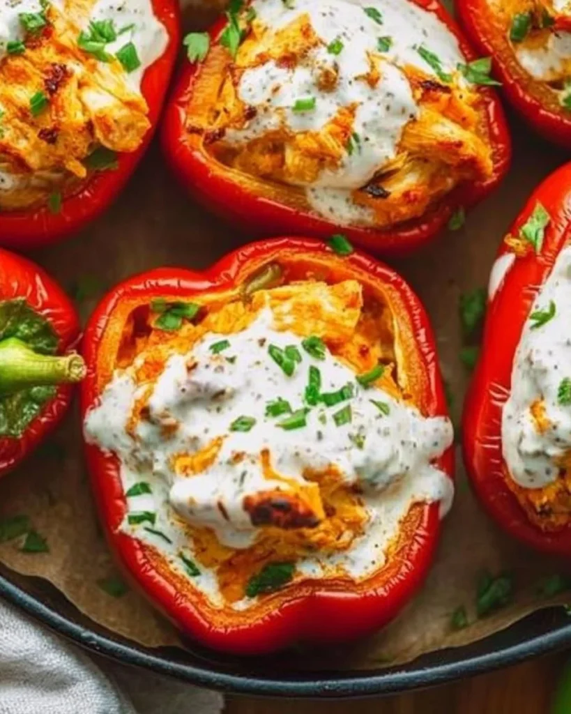 Delicious Buffalo Chicken Stuffed Peppers ready to serve
