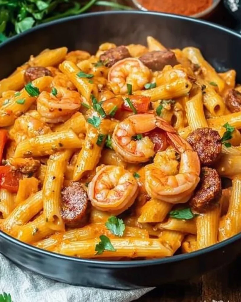 Delicious Cajun shrimp and sausage pasta garnished with herbs and spices