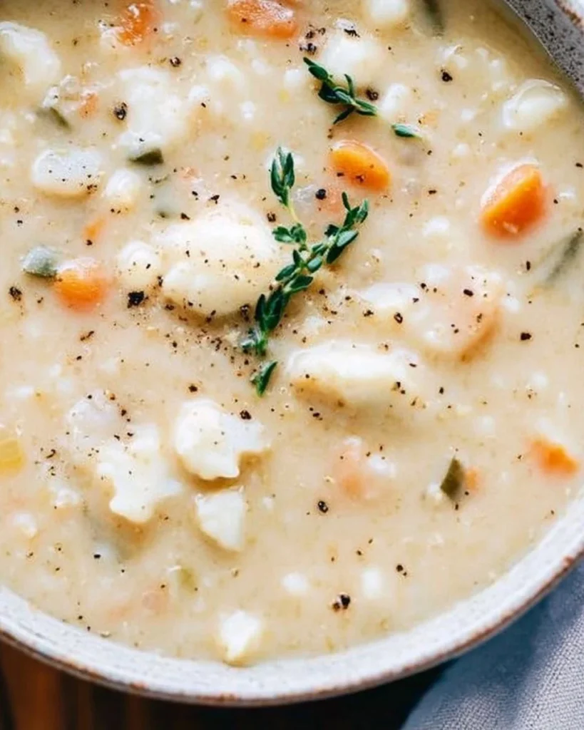 Bowl of creamy cauliflower soup garnished with herbs and spices