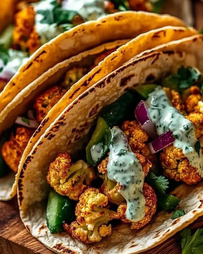 Cauliflower tacos with cilantro lime cream garnished with fresh herbs