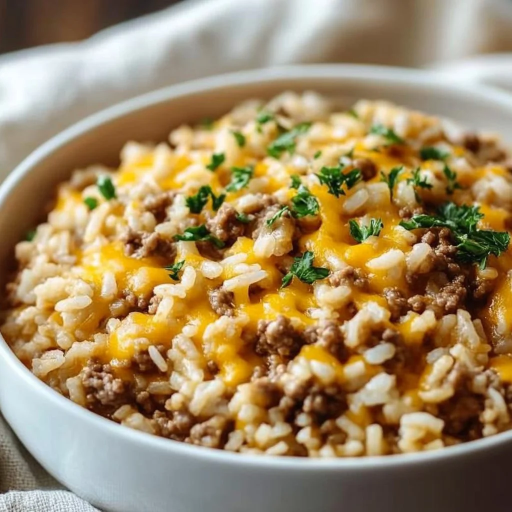 Cheesy ground beef and rice casserole, a delicious and hearty meal idea