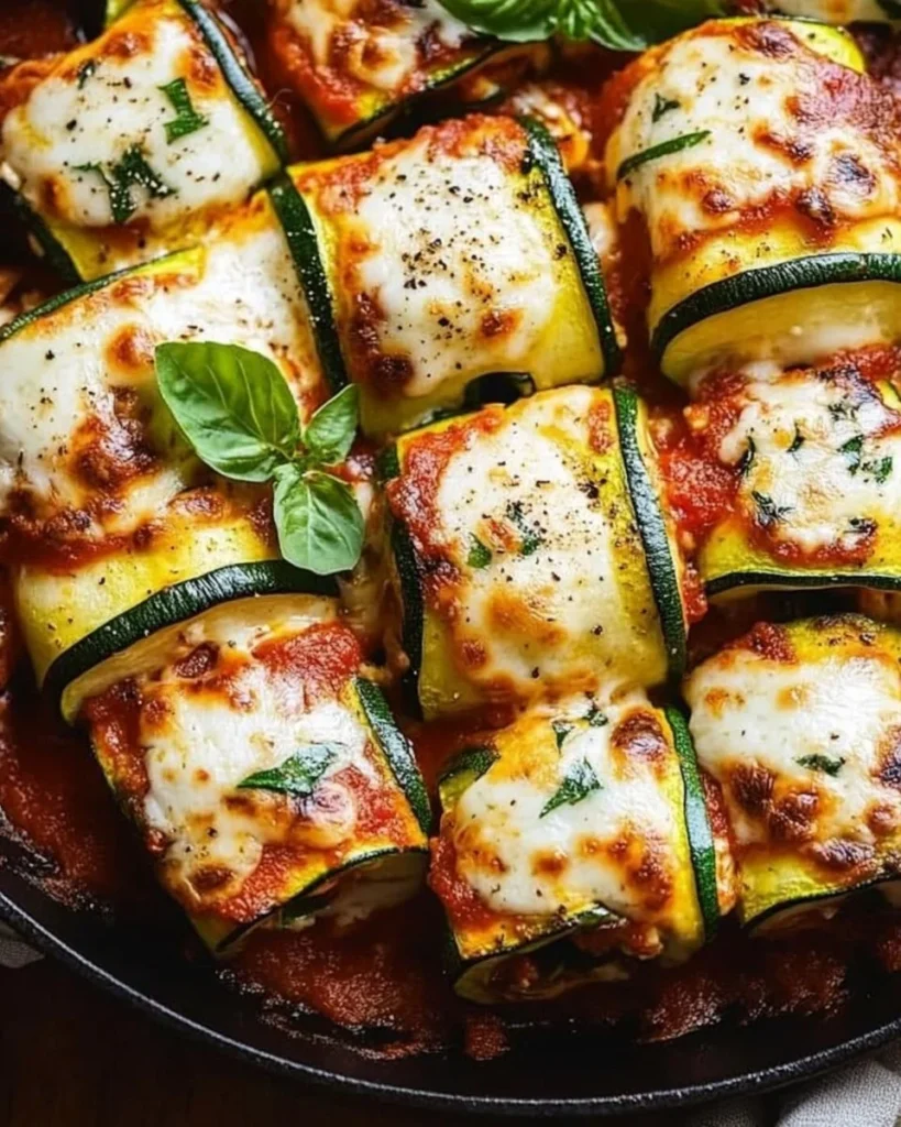 Cheesy Zucchini Rollatini topped with melted cheese and fresh herbs