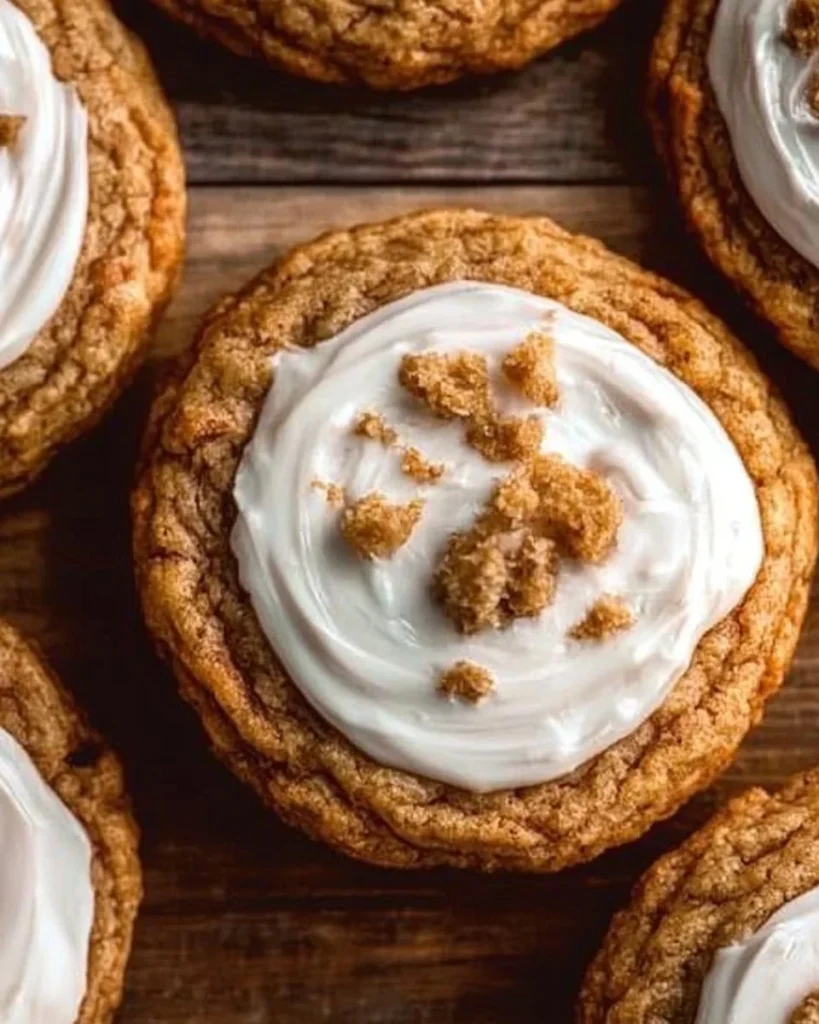 Chewy carrot cake cookies with cream cheese frosting on a wooden table