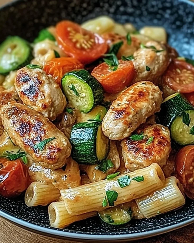 Chicken sausages with zucchini, tomatoes, and pasta served in a bowl