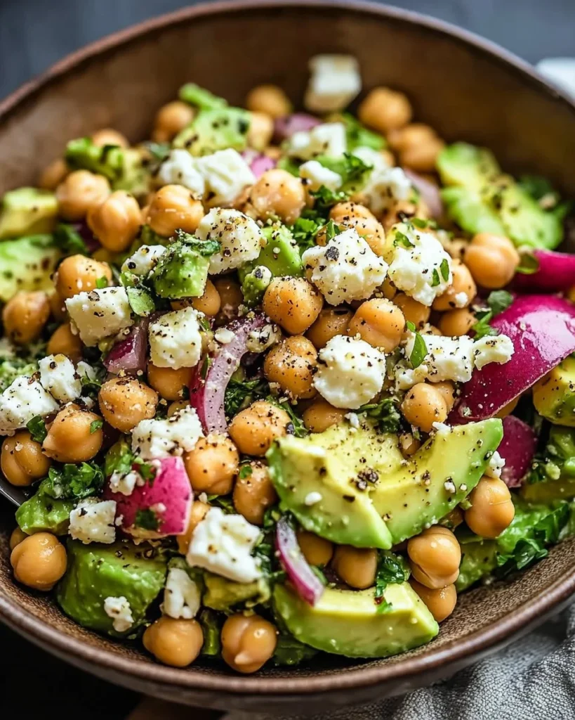Chickpea Feta Avocado Salad with vibrant vegetables in a bowl