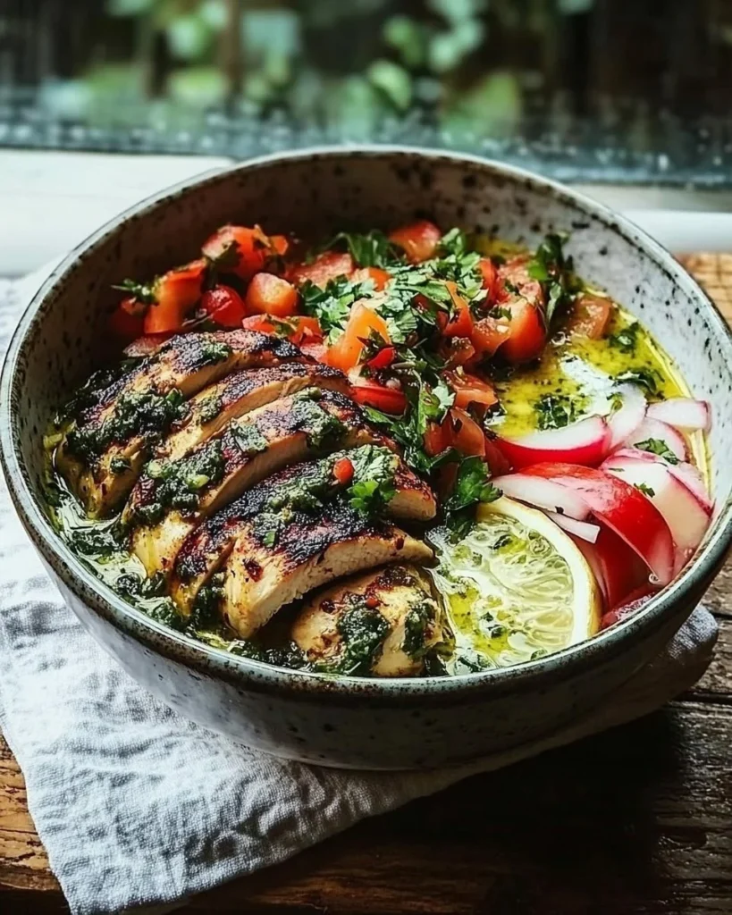 Chimichurri Chicken Bowl topped with garlic sauce and fresh vegetables