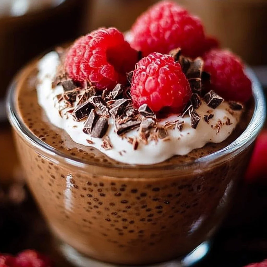 Creamy chocolate chia pudding topped with fresh berries and nuts