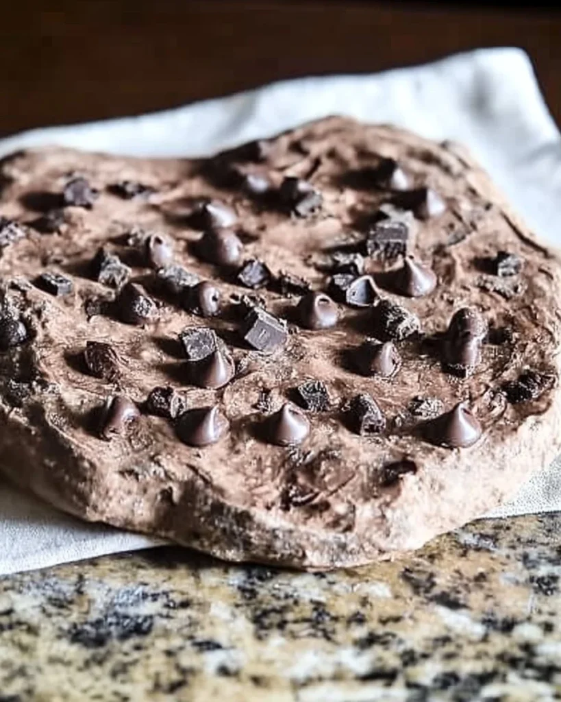 Freshly baked chocolate sourdough bread loaf with rich chocolate chunks.
