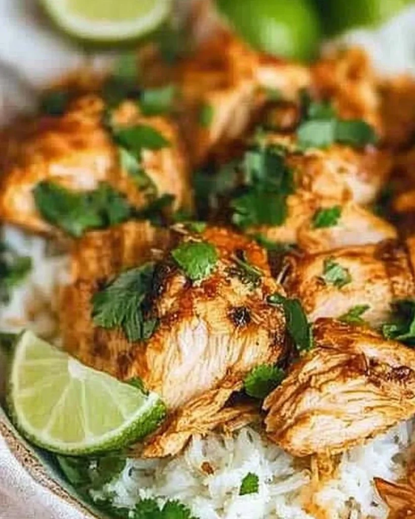 Delicious cilantro lime chicken served with fresh herbs and lime slices.