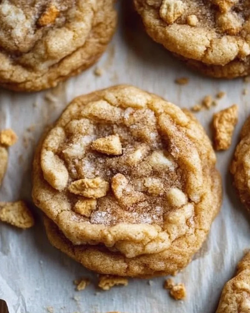 Freshly baked Cinnamon Toast Crunch cookies on a cooling rack